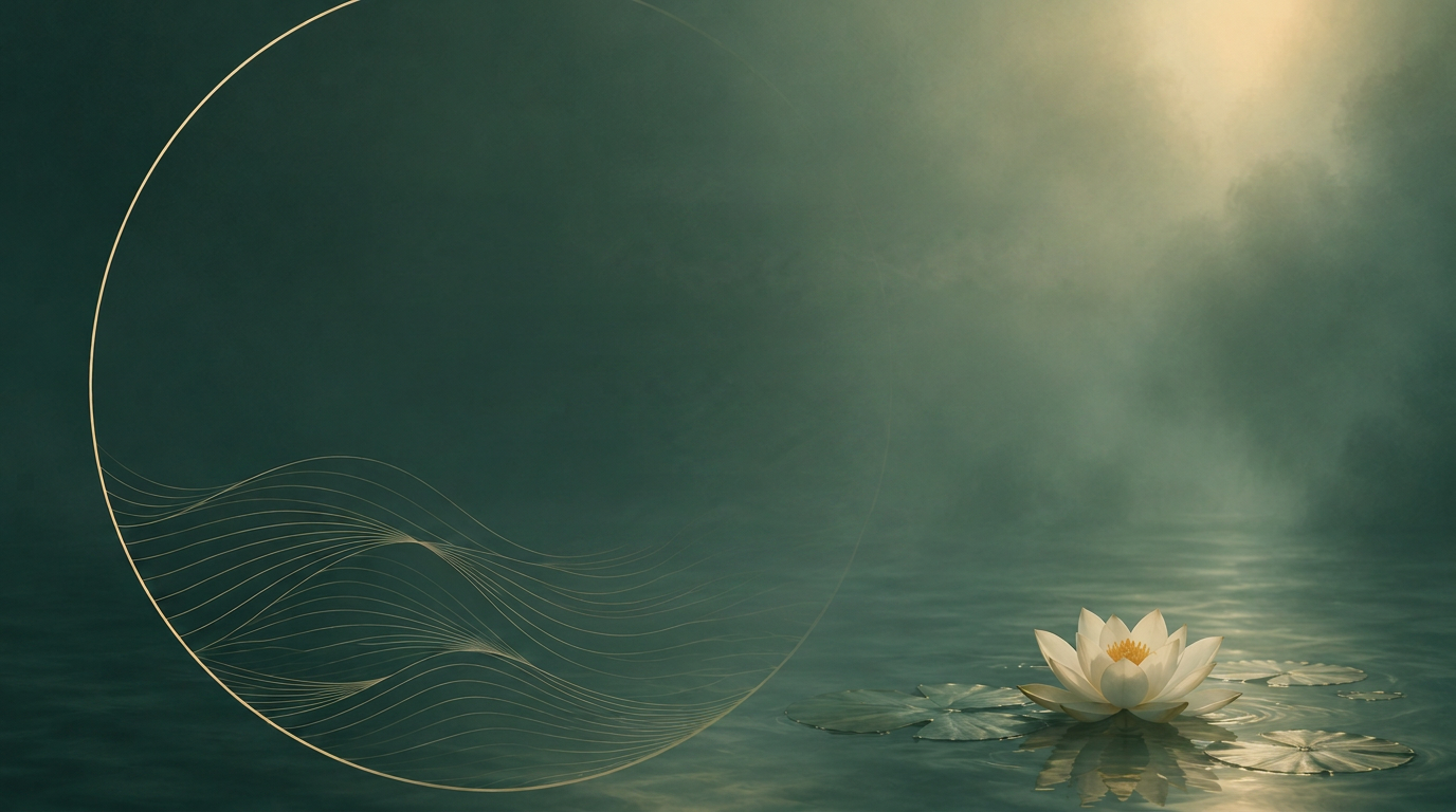 A white lotus resting on still misty water in soft warm morning light, with a large flowing golden circle drawn across the surface