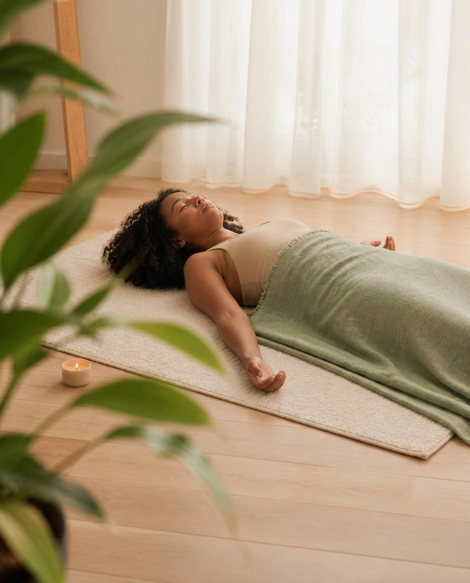 A woman lying on her back on a cream mat with her eyes closed, resting under a sage linen blanket in morning light