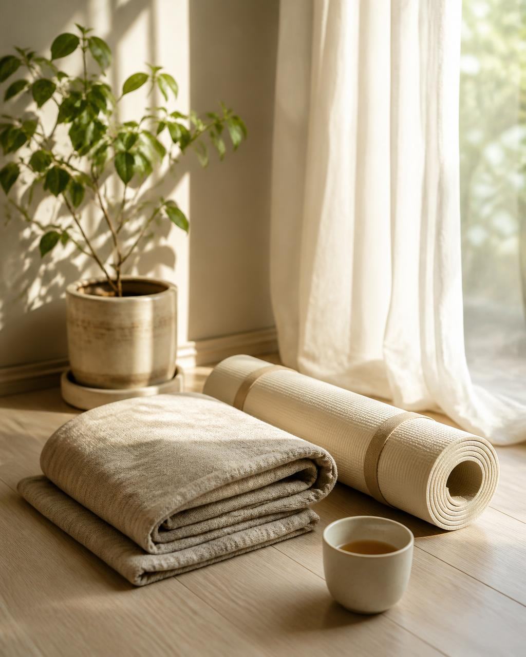 Morning light through a sheer curtain across a folded linen blanket, a rolled mat and a small plant