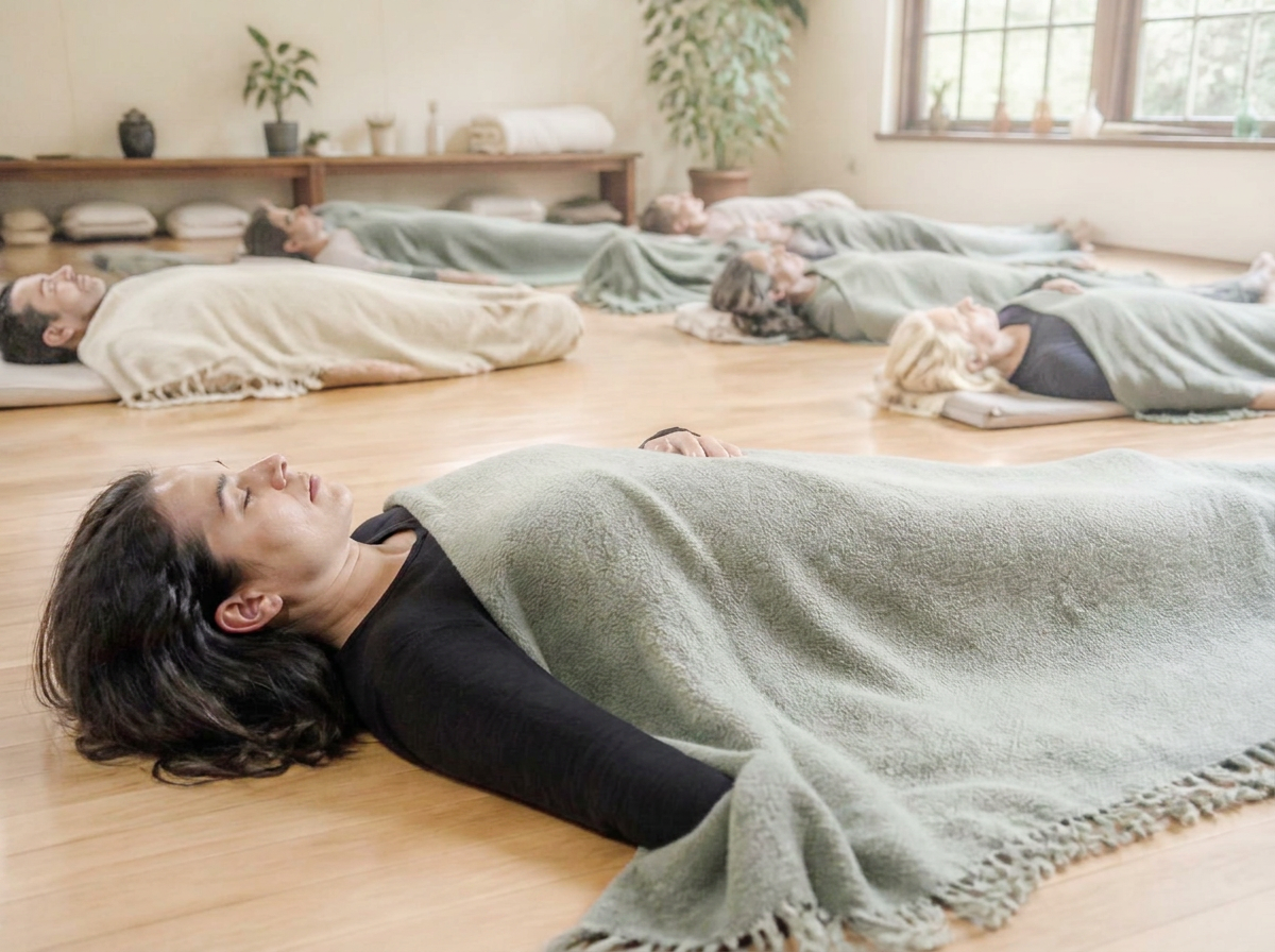 Several people resting under sage wool blankets on mats in a warm daylight room during a Yoga Nidra workshop, one woman resting in the foreground
